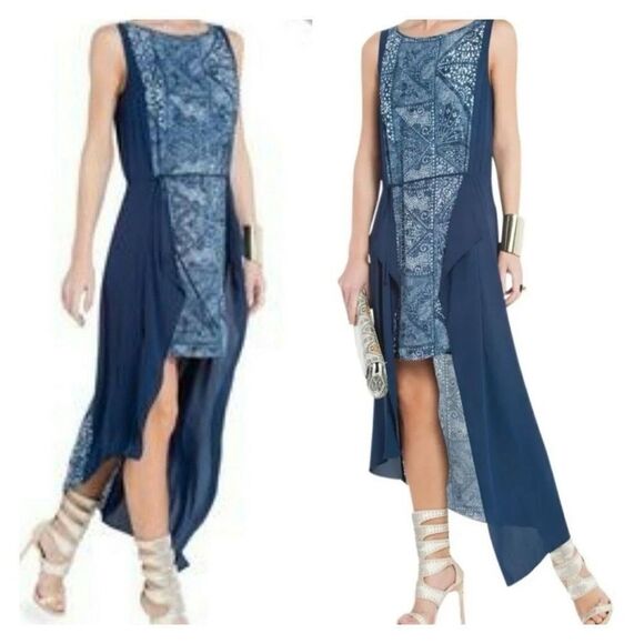 BCBG Dresses & Skirts - BCBG Maxazria Parisian blue dress textured denim print Asymetrical small urika